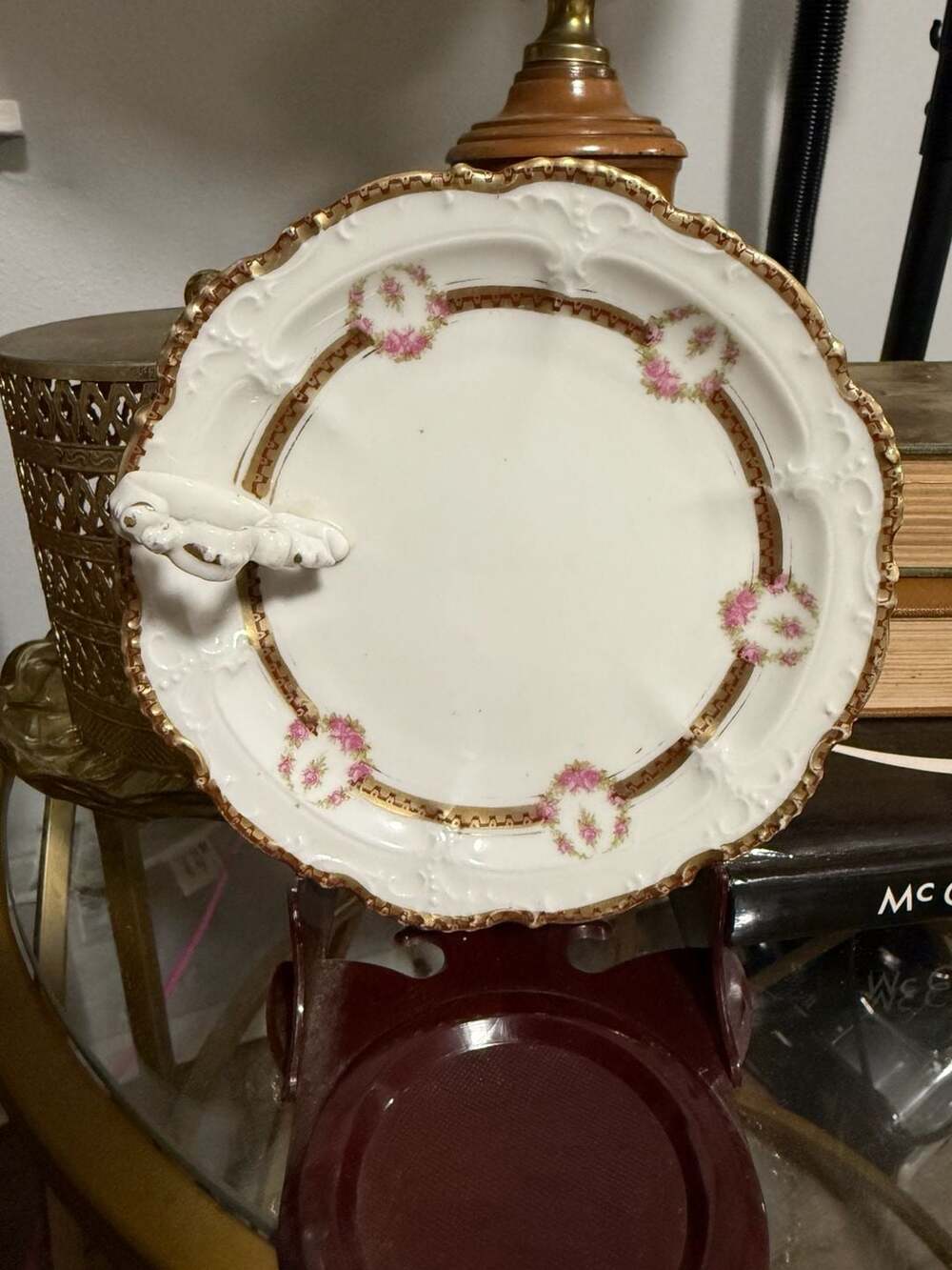 Antique Moritz Zdekauer Austria MZ Austria Handled Porcelain Dish Pink & Gold